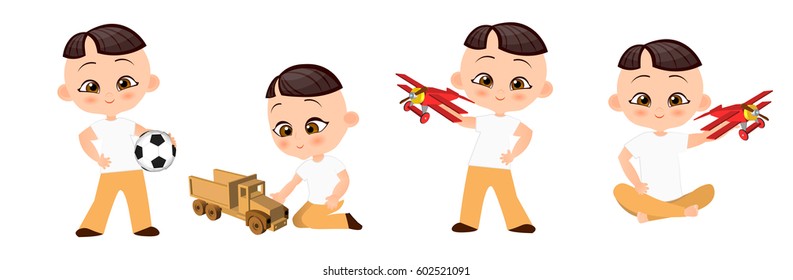 Set Young Boy with glasses playing toy. Vector illustration isolated on white background. Flat cartoon style