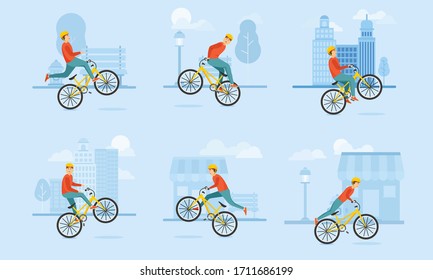 Conjunto de un niño en casco monta una bicicleta BMX y realiza varios trucos complejos. Ilustración vectorial al estilo de las caricaturas planas