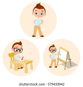 Set Young boy - paints sitting at a school desk, Drawing Whiteboard. Vector illustration eps 10 isolated on white background. Flat cartoon style