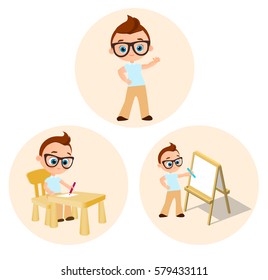Set Young boy - paints sitting at a school desk, Drawing Whiteboard. Vector illustration eps 10 isolated on white background. Flat cartoon style