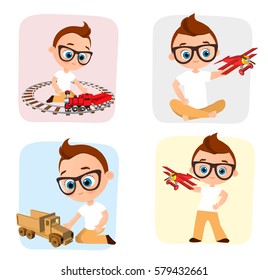 Set Young Boy playing toy. Vector illustration eps 10 isolated on white background. Flat cartoon style