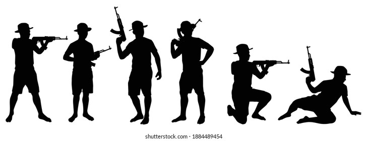 Satz junger Soldat mit Waffe-Silhouette-Vektorgrafik