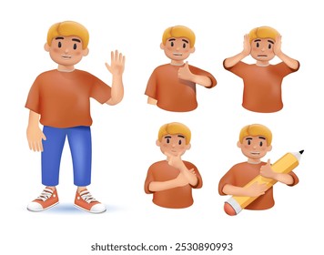 Um conjunto de parte superior do corpo de um menino com diferentes expressões faciais. Criança mostrando tipo, gesto, tristeza. Conjunto de diferentes emoções menino 3D personagem vetor. Emoji de menino com várias expressões faciais