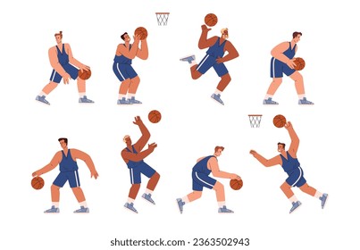 Juego de jugadores de baloncesto de chicos jóvenes en diferentes poses de estilo plano, ilustración vectorial aislada en fondo blanco. Colección de elementos de diseño decorativos, juego deportivo, personajes felices