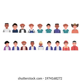 Set of young boys. Bundle of smiling faces of boys with different hairstyles, skin colors and ethnicities. Colorful flat vector illustration isolated on white background