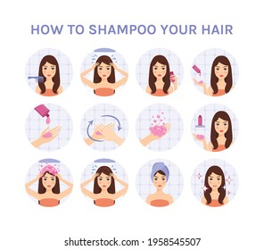 Set Of Young Brunette Isolated Girls Wash Their Hair Under The Shower, Use Shampoo, Towel. Steps.Clean Head.How To Wash Your Hair With Shampoo.Circle.Flat Color Cartoon Style.White Background. Vector.