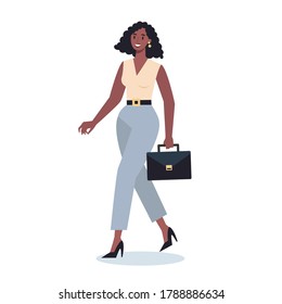 Set of young business character on their way. Female character walking and holding a briefcase. Successful employee, achievement concept. Flat vector illustration