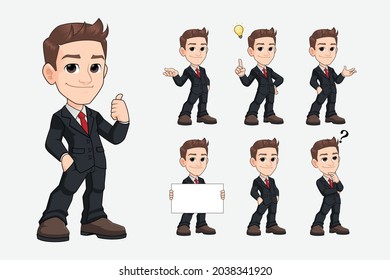 set of young business man cartoon mascot character in black suit premium vector