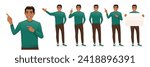 Set of young business man poses wearing casual green sweater with different gestures showing something. Isolated vector illustration