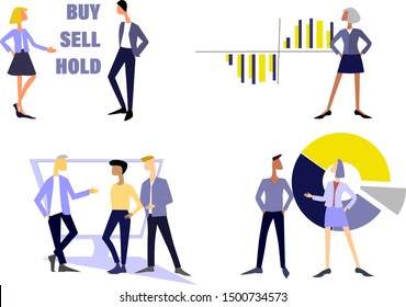 Set of young business people, managers, analysts. Hand drawn men and women in different poses talking to each other