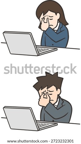 Set of Young Business Professionals Suffering from Eye Strain and Resting Eyes in Front of Laptop