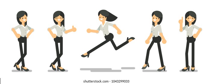 Set of young business woman in different poses. Standing, walking, running, shows thumb up. Vector character design flat style.
