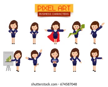 Set of young Business Women characters in different pose, Creative Pixel Art style illustration.
