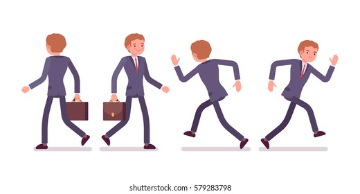 Set of young businessman in formal wear, walking and running poses, busy organizing new project, searching for profit, full length, front and rear view, isolated against white background