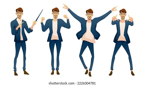 Set of young businessman in glasses wearing topcoat standing in various gesture with different expression emotional in cartoon character, vector illustration on white background