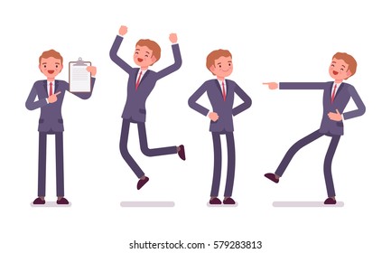 Set of young businessman showing positive emotions, successful, jumping with joy, pointing to a clipboard, laughing, feeling happy and enthusiastic, full length, front view isolated, white background