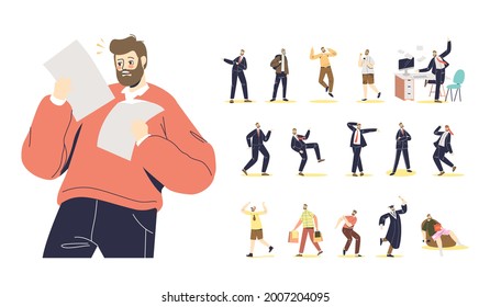 Conjunto de jóvenes empresarios en el trabajo, estudiantes graduados en diferentes situaciones y emociones se sientan en la oficina en ropa formal, ovación, baile. Colección de personajes de dibujos animados masculinos. Ilustración vectorial plana