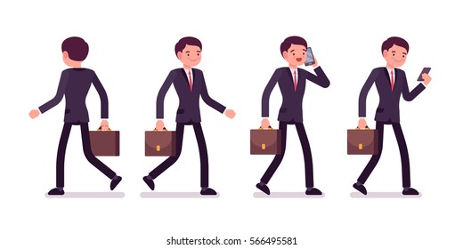 Set of young businessmen in formal wear, walking poses, talking on phone, holding bag, full length, front and rear view isolated against white background, successful manager on his way to the office