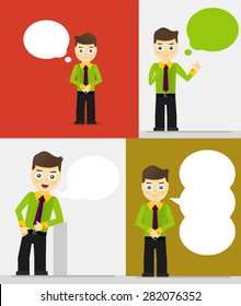 Set of young businessmen with speech bubbles. Talking, thinking concept. Flat vector design illustration