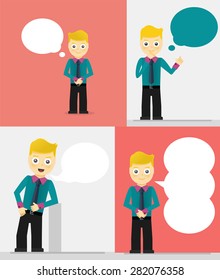 Grupo de jóvenes empresarios con burbujas de habla. Hablando, pensando en el concepto. Ilustración de diseño de vector plano