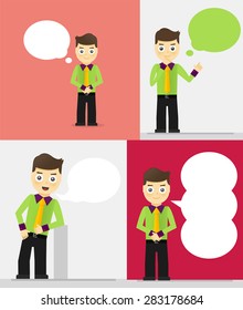 Grupo de jóvenes empresarios con burbujas de habla. Hablando, pensando en el concepto. Ilustración de diseño de vector plano
