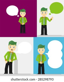 Set of young businessmen with speech bubbles. Talking, thinking concept. Flat vector design illustration