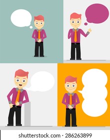Set of young businessmen with speech bubbles. Talking, thinking concept. Flat vector design illustration