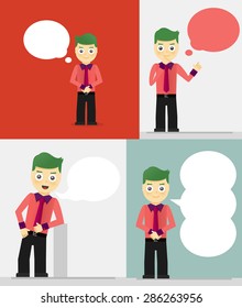Grupo de jóvenes empresarios con burbujas de habla. Hablando, pensando en el concepto. Ilustración de diseño de vector plano