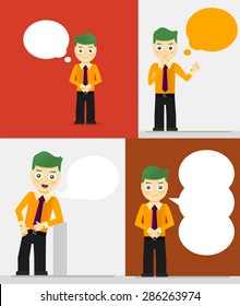 Conjunto de jovens empresários com bolhas de fala. Conversar, pensar conceito. Ilustração de design de vetor plano