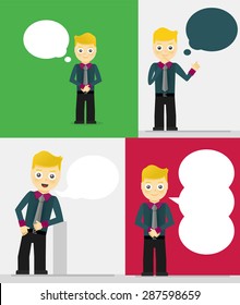 Set of young businessmen with speech bubbles. Talking, thinking concept. Flat vector design illustration