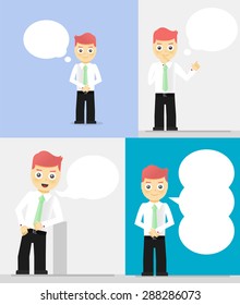 Grupo de jóvenes empresarios con burbujas de habla. Hablando, pensando en el concepto. Ilustración de diseño de vector plano