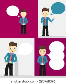 Set of young businessmen with speech bubbles. Talking, thinking concept. Flat vector design illustration