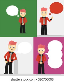 Conjunto de jovens empresários com bolhas de fala. Conversar, pensar conceito. Ilustração de design de vetor plano