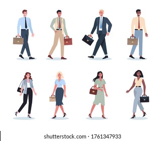 Set of young businesspeople on their way. Female and male character walking and holding a briefcase. Successful employee, achievement concept. Flat vector illustration