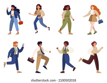 Set of young businesspeople on their way. Female and male character walking and holding a briefcase. Successful employee, achievement concept. Flat vector illustration