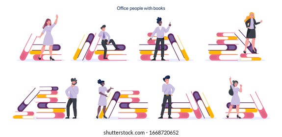 Set of young businesspeople standing near big stack of books. Female and male character with book. Knowledge and education concept. Flat vector illustration