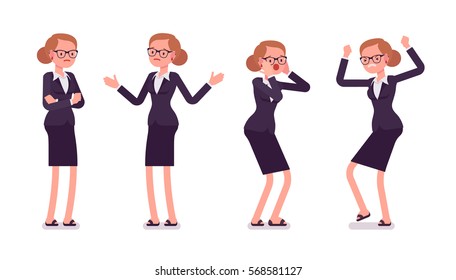 Set of young businesswoman in formal wear, expressing negative emotions, standing poses, her hands crossed, puzzled, troubled, afraid, stamping her feet, full length, isolated against white background