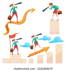 Set of Young businesswoman holding briefcase and telescope standing on different sign of business, arrow, podium, in cartoon character, success concept vector illustration on with background