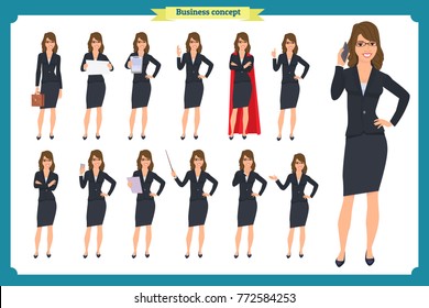  Set of young businesswoman presenting in different poses.People character. Standing, Woman body template for design, presentations work.Face,body elements.Isolated on white. Flat style.business