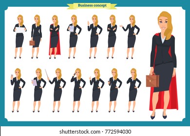 Set of young businesswoman presenting in different poses.People character. Standing, Woman body template for design, presentations work.Face,body elements.Isolated on white. Flat style.business