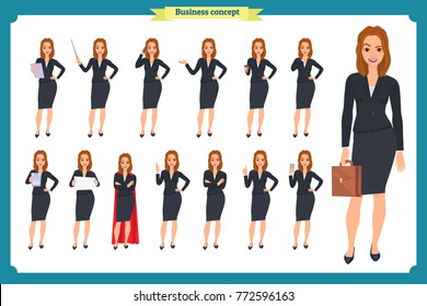 Set of young businesswoman presenting in different poses.People character. Standing, Woman body template for design, presentations work.Face,body elements.Isolated on white. Flat style.business
