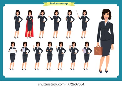 Set of young businesswoman presenting in different poses.People character. Standing, Woman body template for design, presentations work.Face,body elements.Isolated on white. Flat style.business