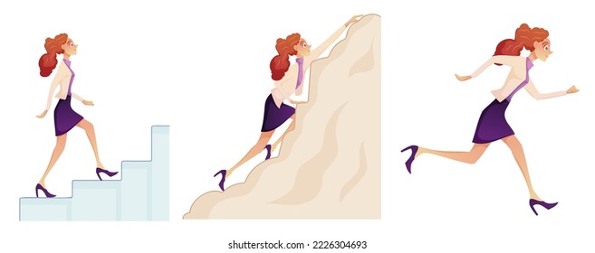Set of young businesswoman walking postures in different way, walking up the stair, climbing on rock and running in cartoon character, Vector illustration on white background