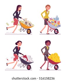 Set of young businesswomen pushing wheelbarrows with coins, moneybags, likes, documentations. Cartoon vector flat-style concept illustration