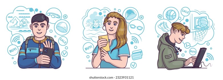 Set of young buyers buying products via gadgets. Online equipment order for basketball and swimming. Advantageous shopping day concept. Flat vector illustration in blue colors