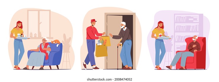 Set of Young Caregiver Characters Care of Elderly People Bring Food and Medicine. Caregiving, Social Help to Seniors during Pandemic Isolation, Support, Help or Assistance. Cartoon Vector Illustration