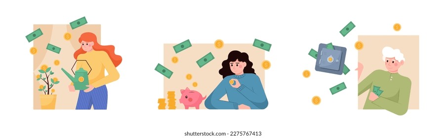 Set of young cartoon characters getting profit or high income. Earning and saving money. Finance management practice. Successful career and high salary. Vector