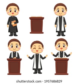 Set of Young catholic priest preaching in Cartoon character and different acting, isolated flat vector illustration