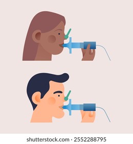 Conjunto de personagens jovens fazendo teste de função pulmonar. Ilustração moderna de vetor plano. Teste de função pulmonar em pacientes.