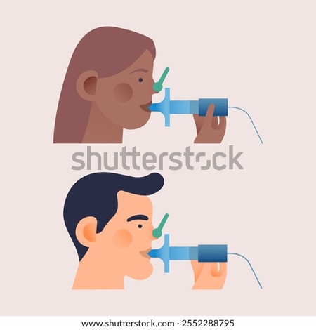 Set of Young Characters Doing Pulmonary Function Test. Modern Flat Vector Illustration. Lung Function Test on Patients.